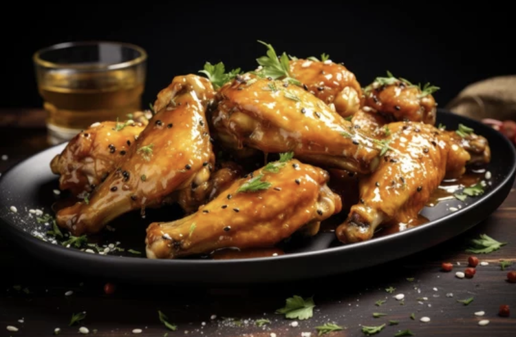 Hot honey, chicken wings on a black platter, garnished with thyme and hot peppers