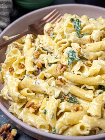 Gorgonzola Cream Sauce on Pasta with nuts and parsley.