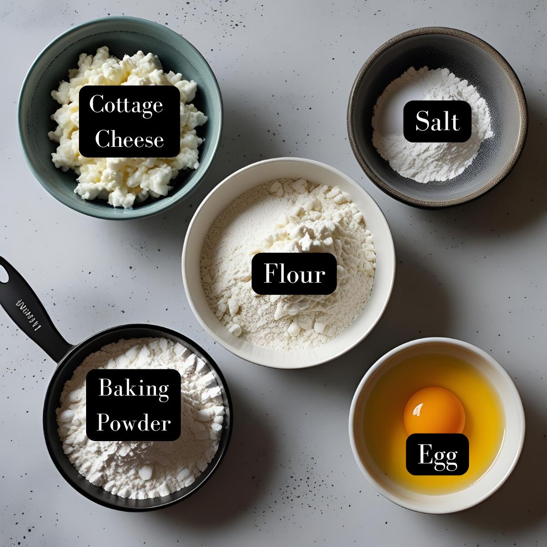 Small ramekins ingredients showing what it takes to make these cottage cheese bagels.