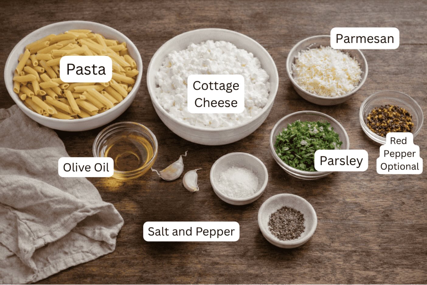 Flat lay of uncooked pasta, cottage cheese, Parmesan, olive oil, garlic, salt, pepper, parsley, and red pepper flakes arranged in small bowls on a rustic wooden surface in natural light.