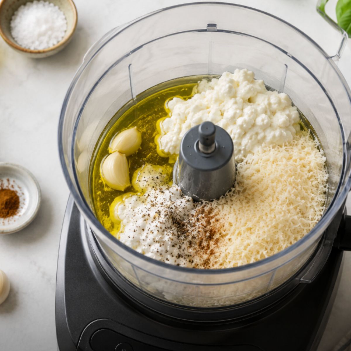 Ingredients in a food processor for cottage cheese pasta sauce.