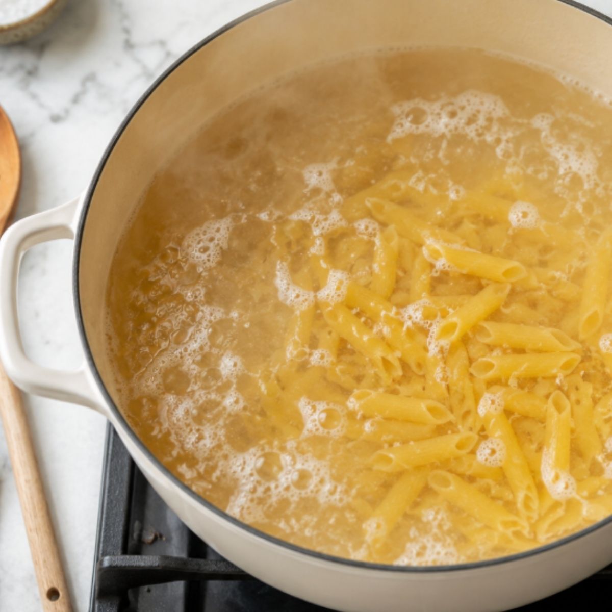 penne pasta being boiled.