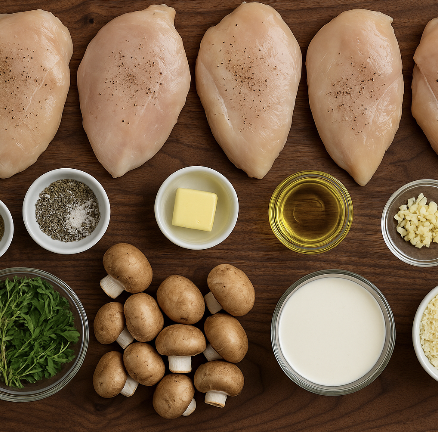 A shot of ingredients on a cutting board for my creamy Parmesan chicken recipe. It has chicken, buttercream, garlic, mushrooms, herbs, and a little bit of olive oil.