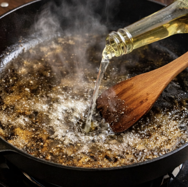 A cast-iron skillet with glazed with white wine and a wooden spatula.