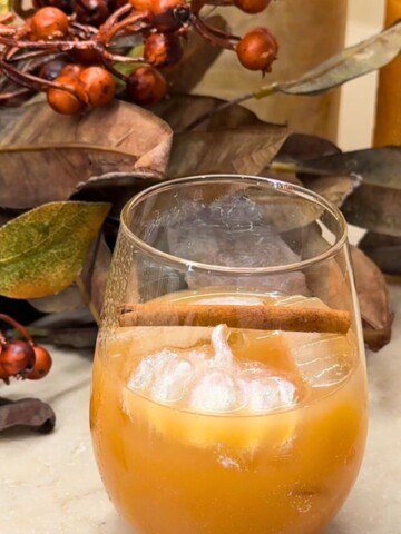 Mulled cider cocktail with festive sparkly ice cubes with a cinnamon stick