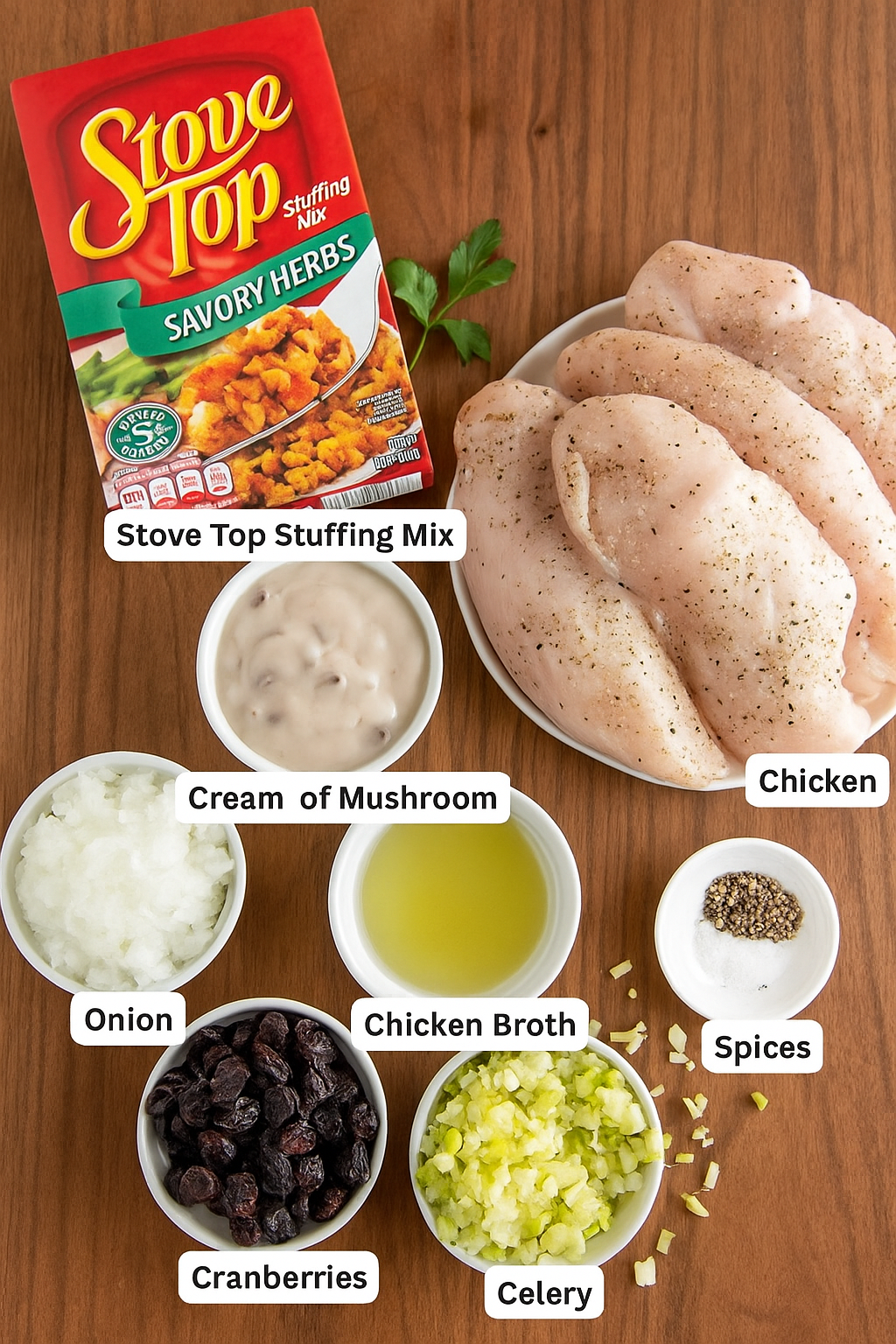 A shot of ingredients and a flat life format on a walnut cutting board and the ingredients are for my chicken breast stuffed with stuffing recipe