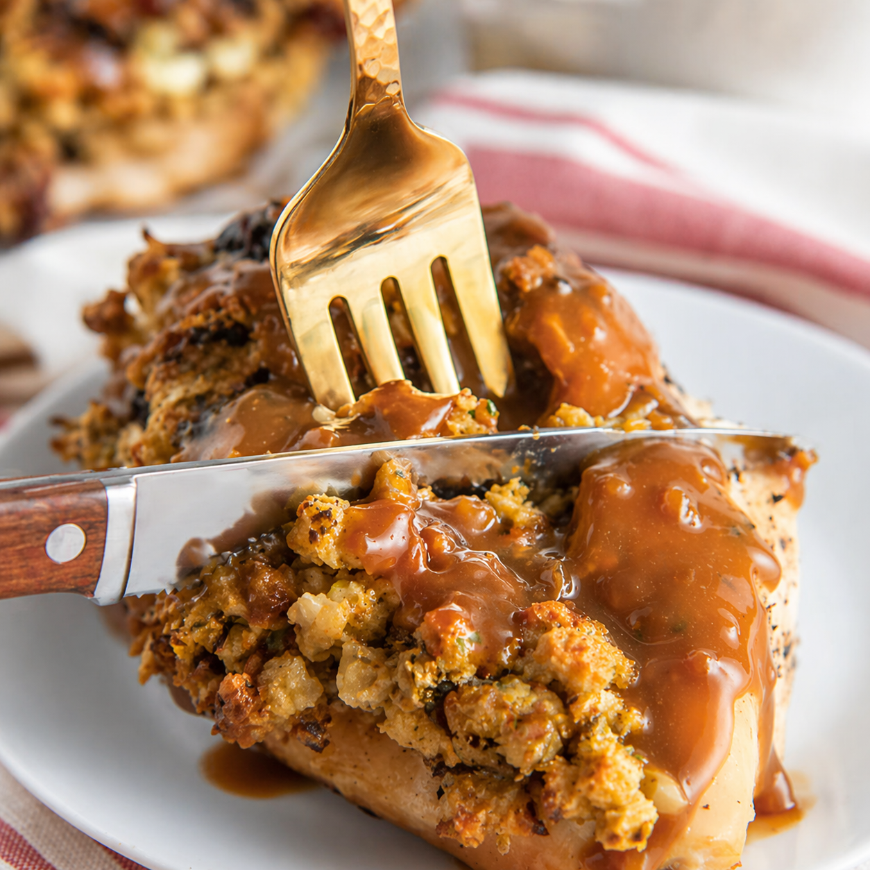 Chicken breast stuffed with stuffing with a knife for cutting into it on a white plate.