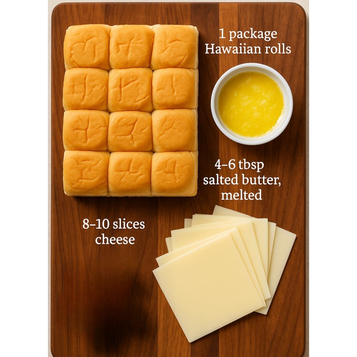 All the ingredients need to make my mini grilled cheese sliders using Hawaiian rolls. It's a Hawaiian rolls, butter and cheese on a walnut cutting board.
