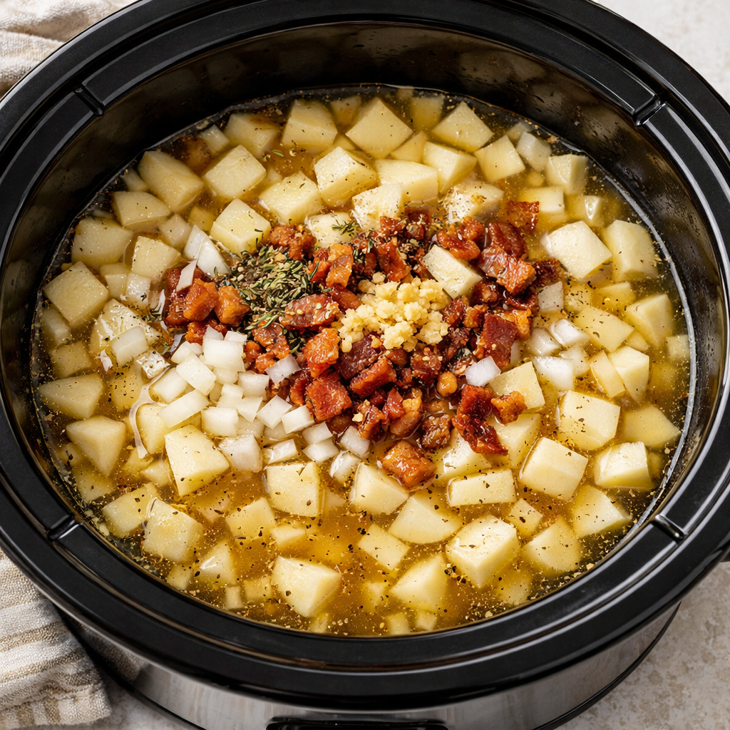 Potatoes, bacon, onions, and thyme, and a slow cooker, ready to be cooked for creamy baked potato soup.