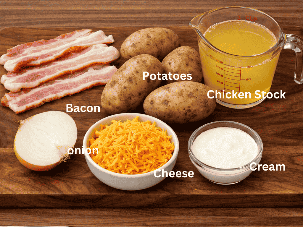 An image of the ingredients that go into a baked potato soup recipe. It's on a wood cutting board and it includes four strips of bacon, potatoes, chicken stock, half an onion, grated cheddar cheese, and cream.