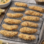 Oven-baked chicken fingers on a wire rack.