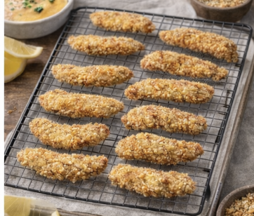 Oven-baked chicken fingers on a wire rack.
