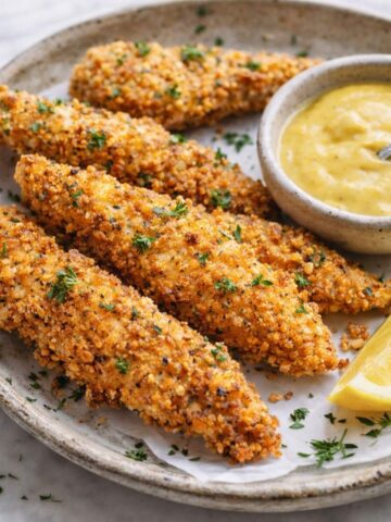 Golden baked chicken tenders with crispy panko coating served with creamy dipping sauce and lemon wedge