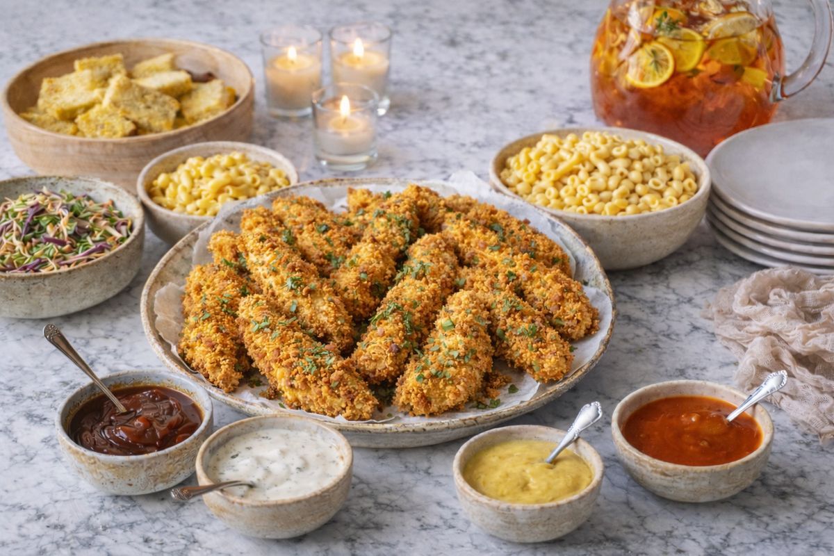 Chicken finger bar with crispy chicken tenders, dipping sauces, mac and cheese, coleslaw and cornbread on marble counter