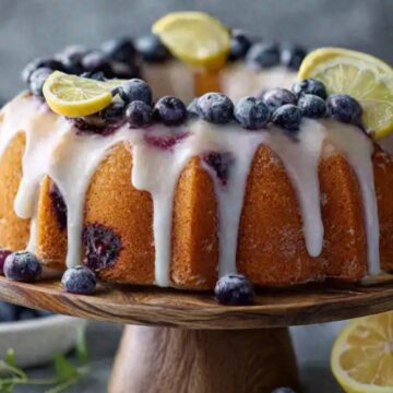 Lemon blueberry bundt cake with glaze, lemon slices and blueberries.