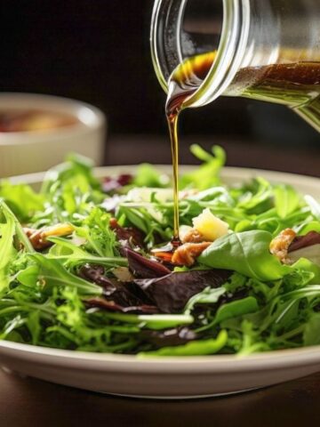 Mixed green salad in a bowl with vinaigrette