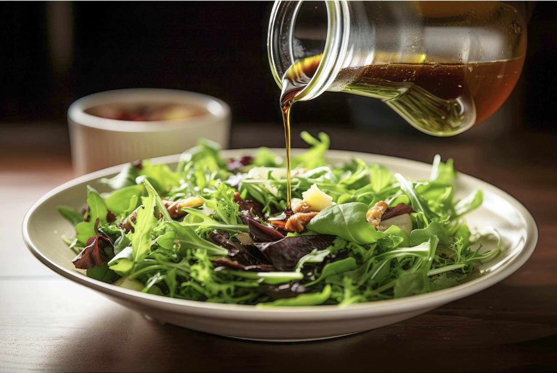 Mixed green salad in a wooden bowl.