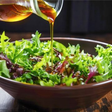 mixed green salad with vinaigrette pouring.