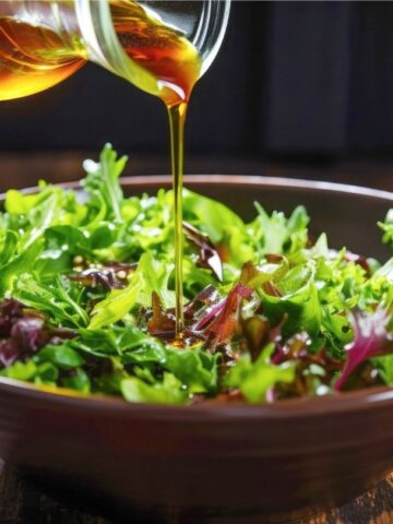 mixed green salad with vinaigrette pouring.