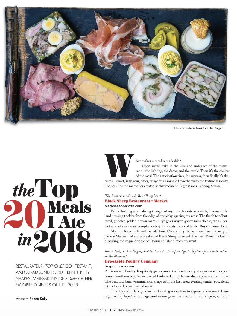 An image of a magazine spread with the words the top 20 meals. I ate in 2018. Includes Lauren Lane.