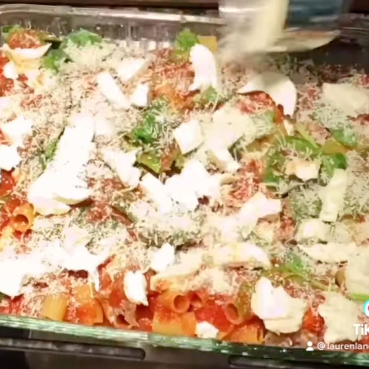 rigatoni, sausage,marianra and cheese glass dish