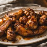 hot honey chicken wings on a cream platter with a natural linen napkin underneath