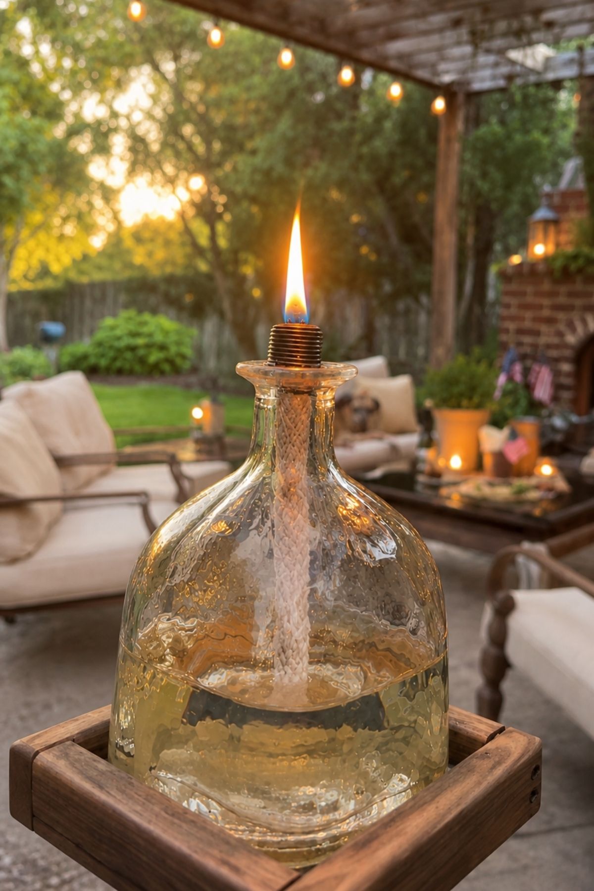 Glass bottle turned into a DIY mosquito repellent, tiki torch on a pretty patio.