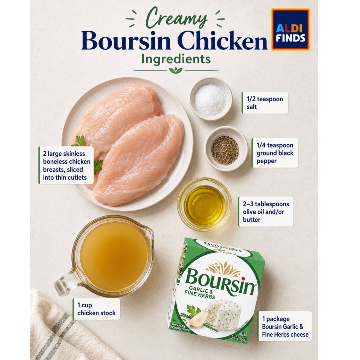 Ingredients to make Borson chicken laid out on a white countertop. It includes chicken, salt, pepper, olive oil, Boursin cheese and chicken stock.