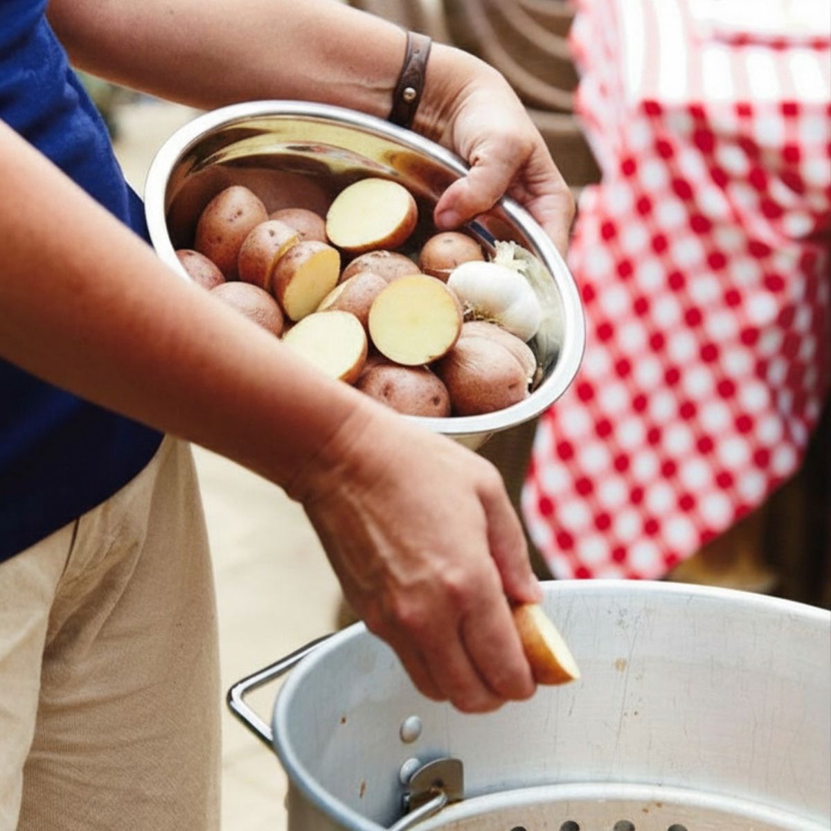 A bowl with potatoes and garlic over shrimp, boil pot and a hand putting these ingredients into the shrimp boil pot.