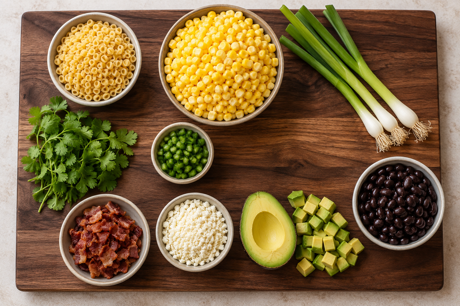 Ingredients for an Lotte pasta salad that includes pasta, corn, green onions, cilantro, black beans, cheese, bacon, and jalapeño on a walnut cutting board.
